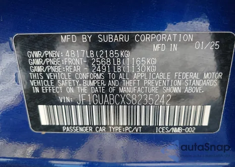 2025 Subaru Impreza Base 5-Door из США, поврежденный, VIN JF1GUABCXS8235242